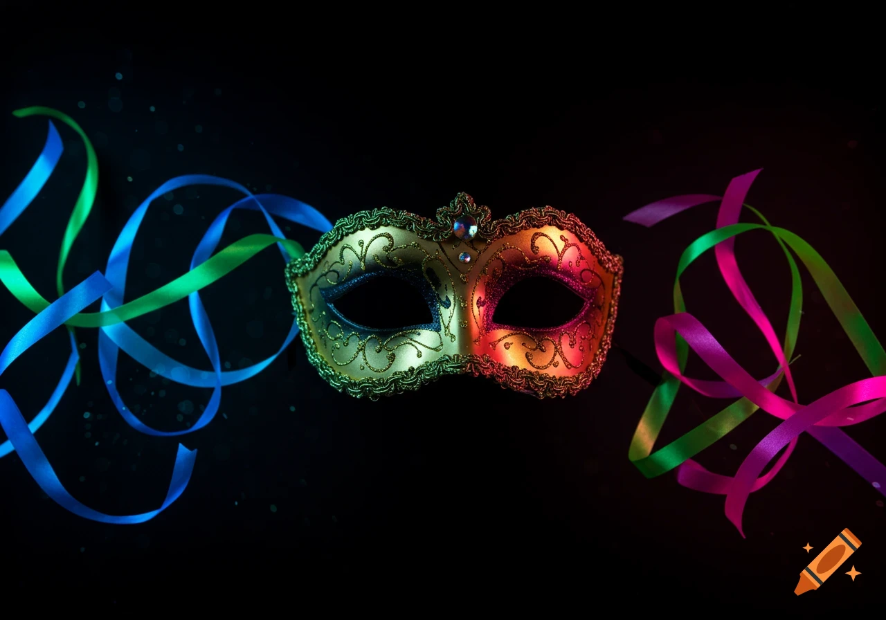 Ornate gold and red masquerade mask with jewels, surrounded by blue, green, and magenta ribbons on a dark background.