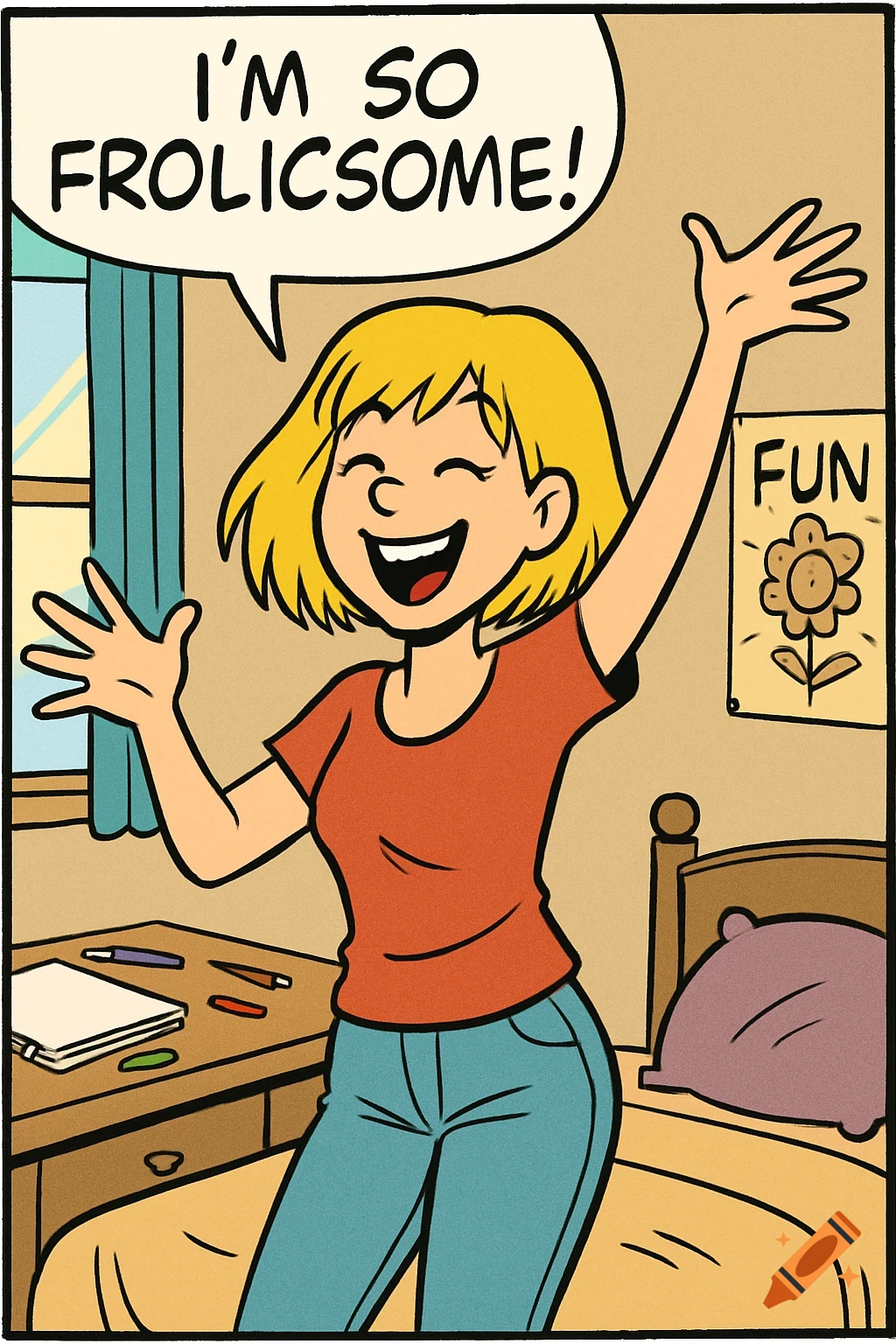 A cheerful blonde cartoon woman in a bedroom raises her arms, exclaiming "I'M SO FROLICSOME!". A poster says "FUN".