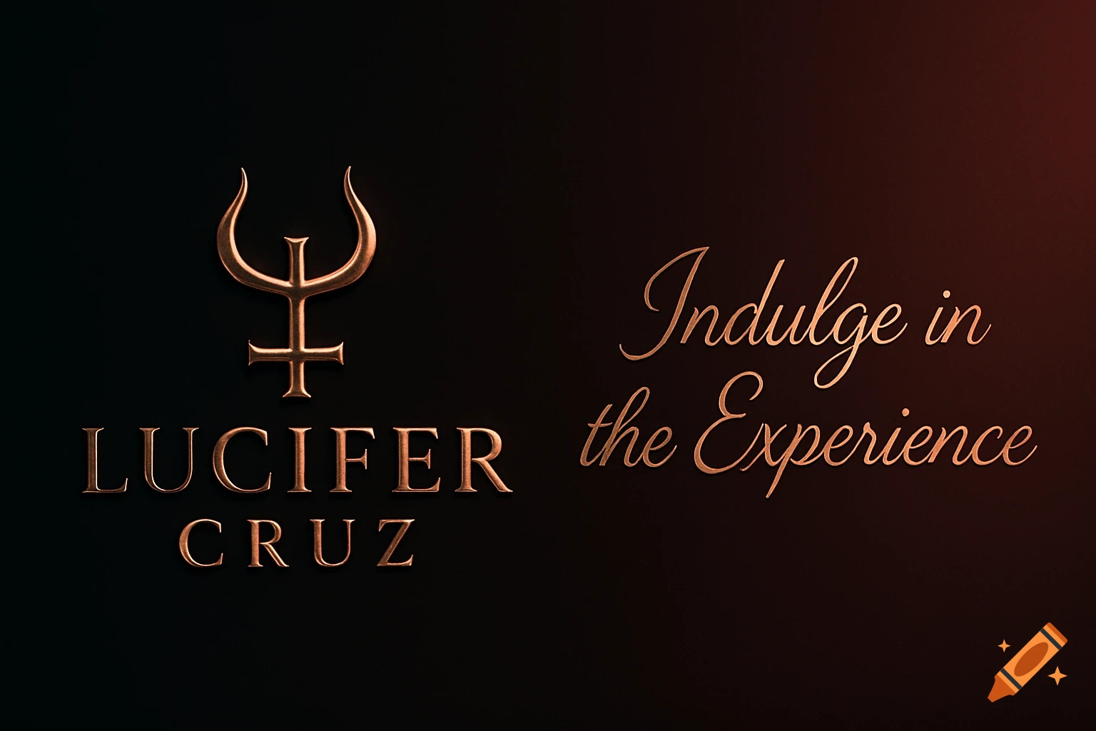 Metallic 3D text 'LUCIFER CRUZ' with a stylized symbol and 'Indulge in the Experience' on a dark, subtly lit background.