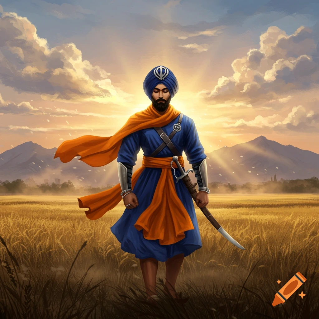 Bearded Sikh warrior in blue tunic, orange sash, and turban, holding a sword, stands in a golden field under a cloudy sunset sky.