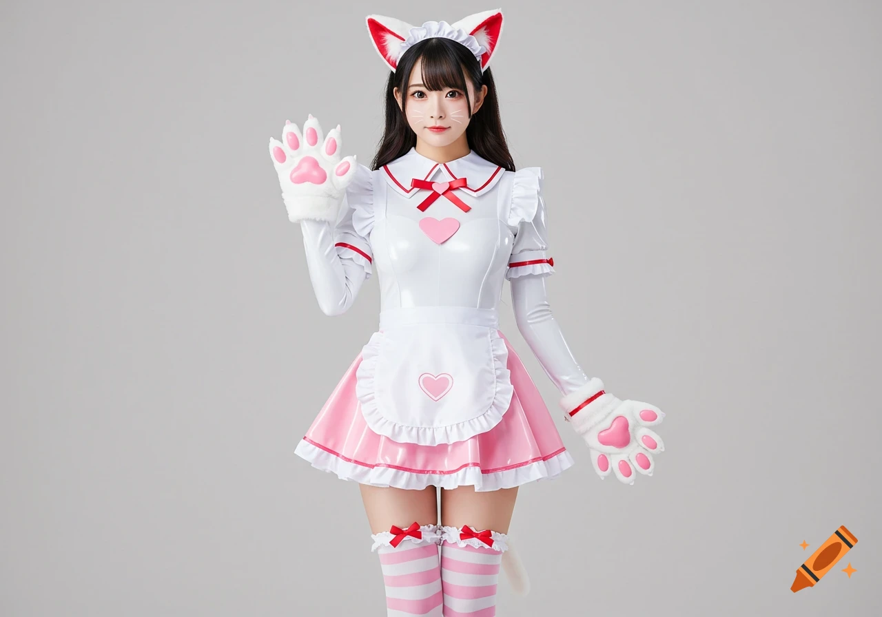 A photorealistic image of a woman in a white cat maid costume with pink accents, cat ears, paw gloves, and striped thigh-high socks.