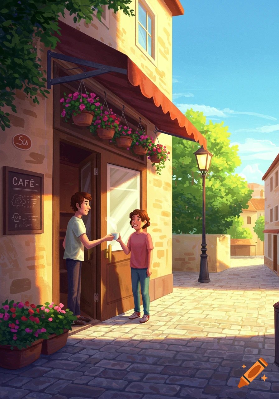 An illustration of a man handing a coffee cup to a woman outside a sunlit cafe with flower pots and a street lamp.