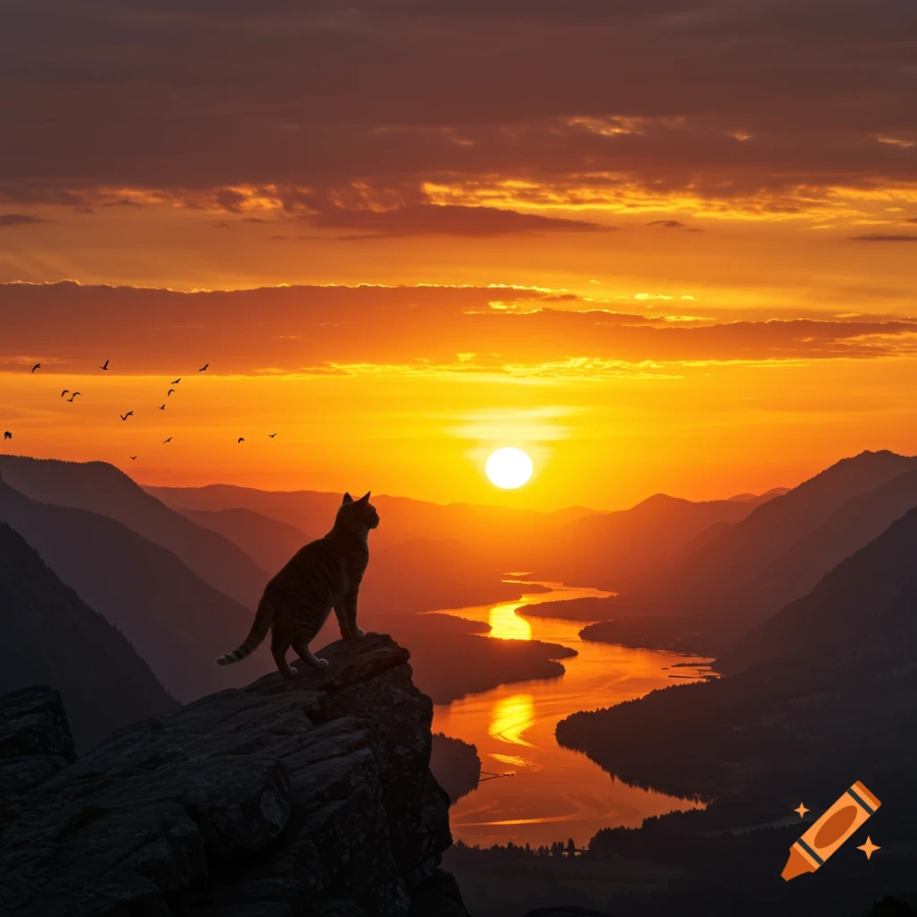 A photorealistic cat silhouetted on a mountain peak overlooks a winding river reflecting a fiery orange and yellow sunset.