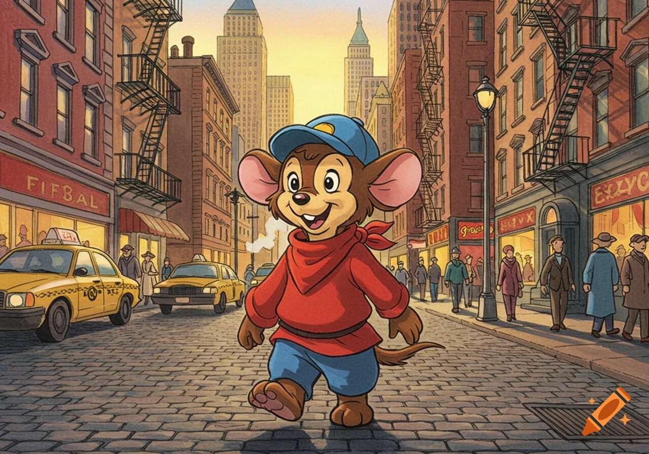 An anthropomorphic mouse in a blue cap, red shirt, and blue pants walks on a cobblestone street in a cartoon-style New York City.