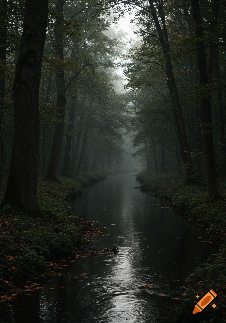 A dark, atmospheric forest with a narrow stream flowing through, reflecting the foggy sky above.