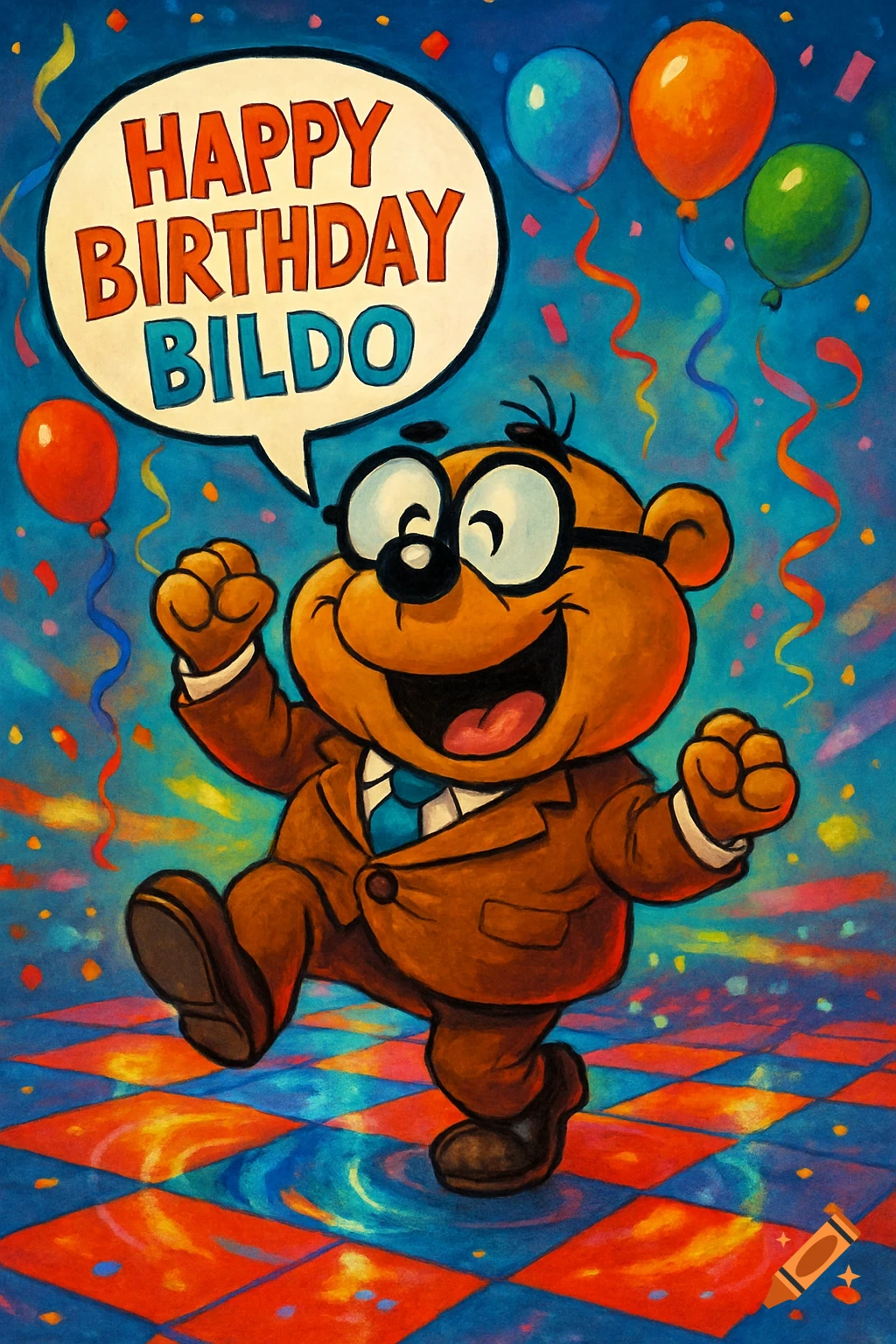 A happy cartoon bear-like character in a brown suit and glasses dances at a party. Speech bubble: "HAPPY BIRTHDAY BILDO".