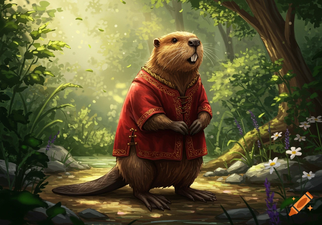 An anthropomorphic beaver in a red tunic with gold trim stands in a sunlit fantasy forest, illustrated.