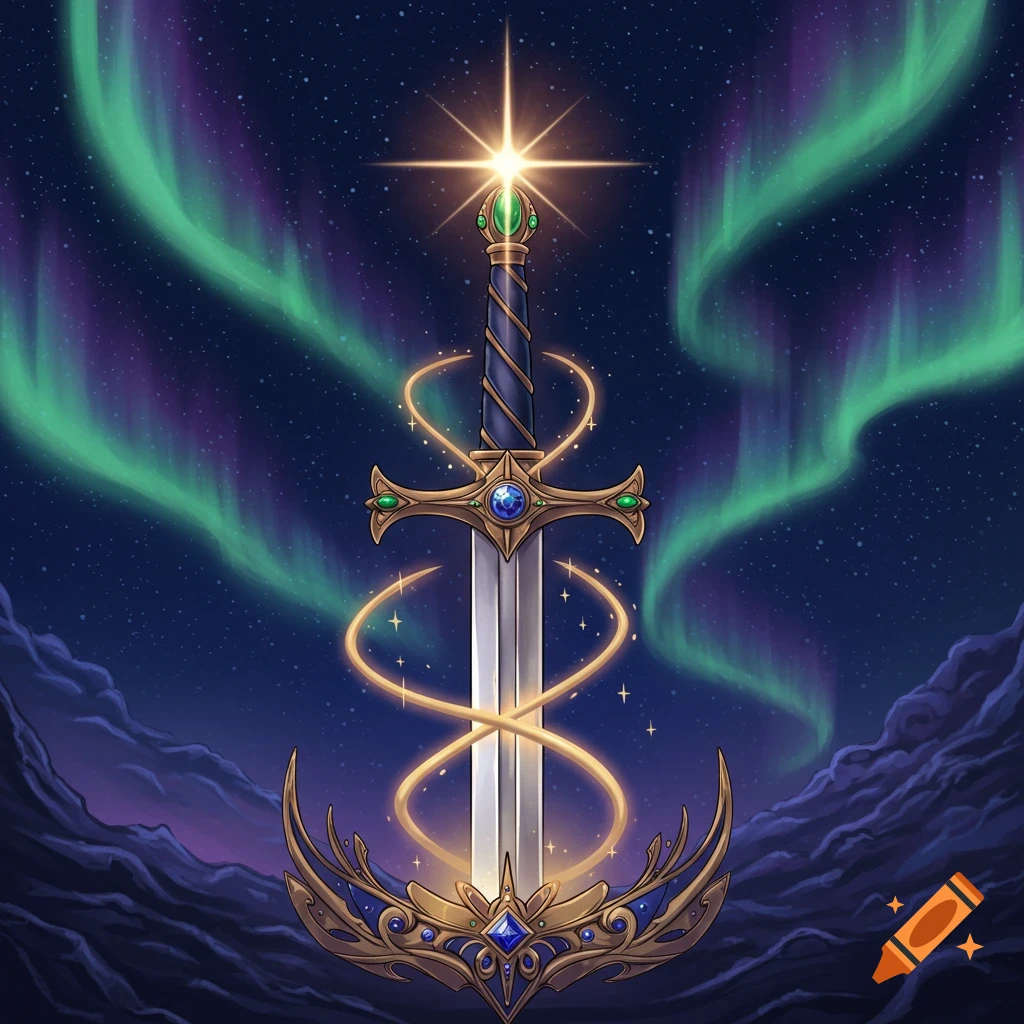 Ornate fantasy sword glowing against a starry night sky with green and purple aurora borealis.