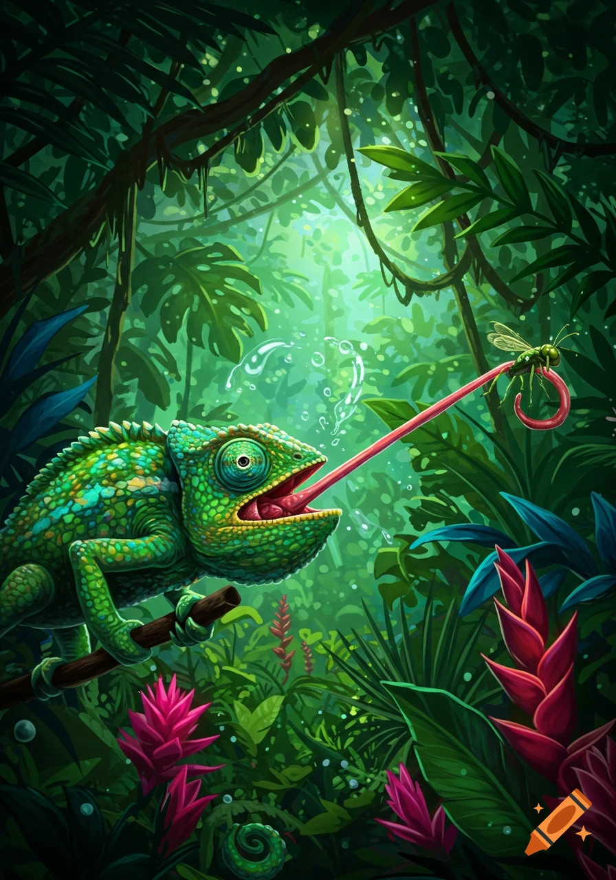 A vibrant green chameleon with its mouth wide open extends a long pink tongue to catch a green insect in a lush, stylized jungle illustration.