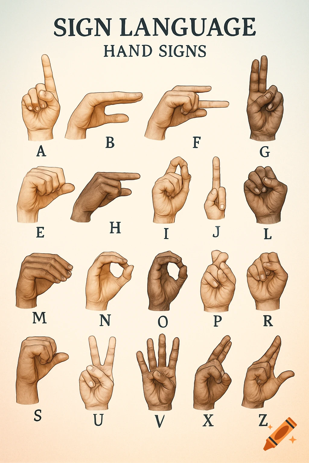 An infographic illustrating various hand signs for letters of the alphabet, with diverse skin tones, under the title "SIGN LANGUAGE HAND SIGNS".