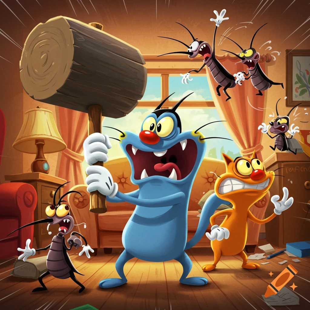 A blue cartoon cat, Oggy, angrily holds a large wooden hammer in a chaotic living room, while an orange cat and several cockroaches react with alarm.