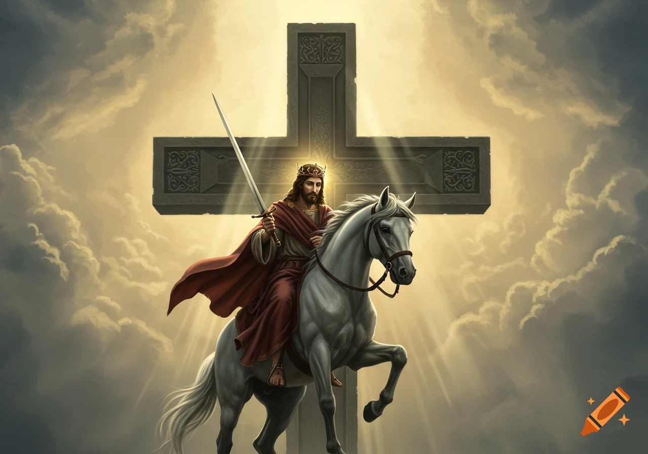 Illustrated Jesus on a rearing white horse with a sword, against a large stone cross and a heavenly, cloudy sky with light rays.