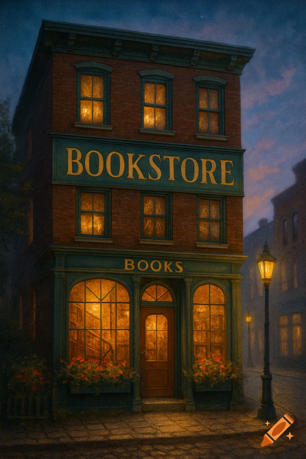 A quaint three-story brick bookstore with illuminated windows, "BOOKSTORE" and "BOOKS" signs, on a cobblestone street at dusk.