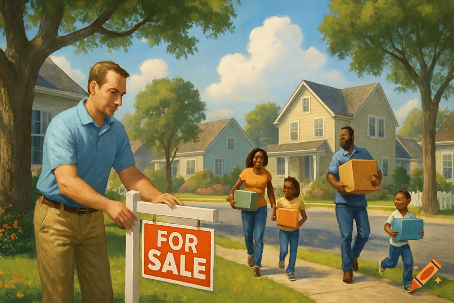 A white man places a 'FOR SALE' sign in a suburban yard as a Black family with moving boxes walks past on the sidewalk, painterly style.