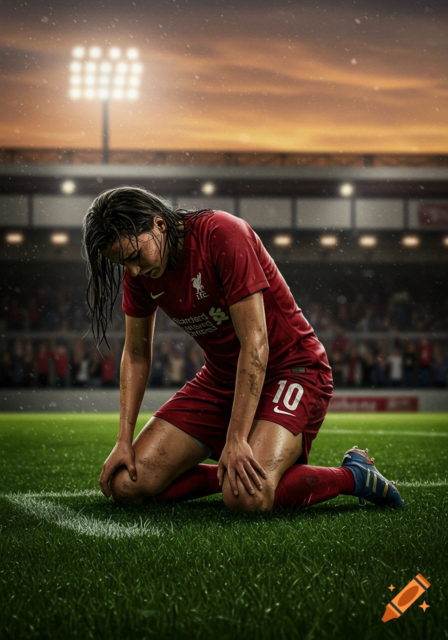 A tired female soccer player in a red jersey with number 10 kneels on a wet grass field in a stadium at sunset.