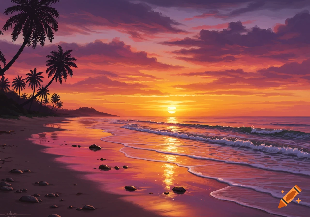 Vibrant sunset over a tropical beach with palm tree silhouettes, waves crashing, and warm colors reflecting on the wet sand.