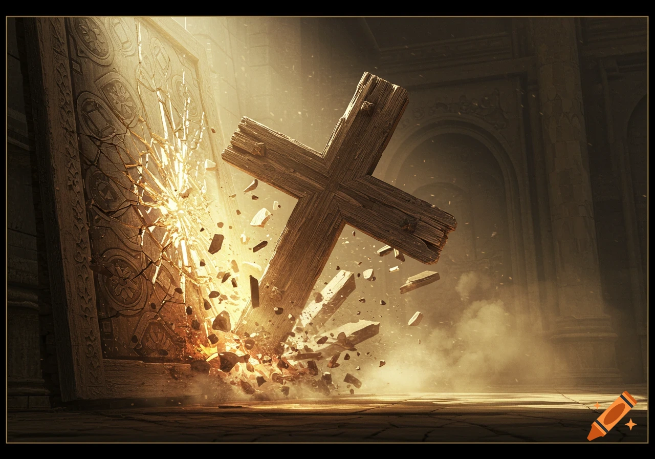 A large wooden cross dramatically smashes through an ornate door, sending debris and light exploding into an ancient chamber.