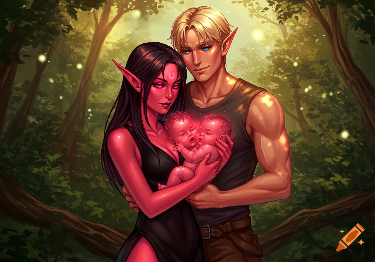 Red-skinned female elf and blonde male elf hold two babies in a magical forest setting, fantasy art.