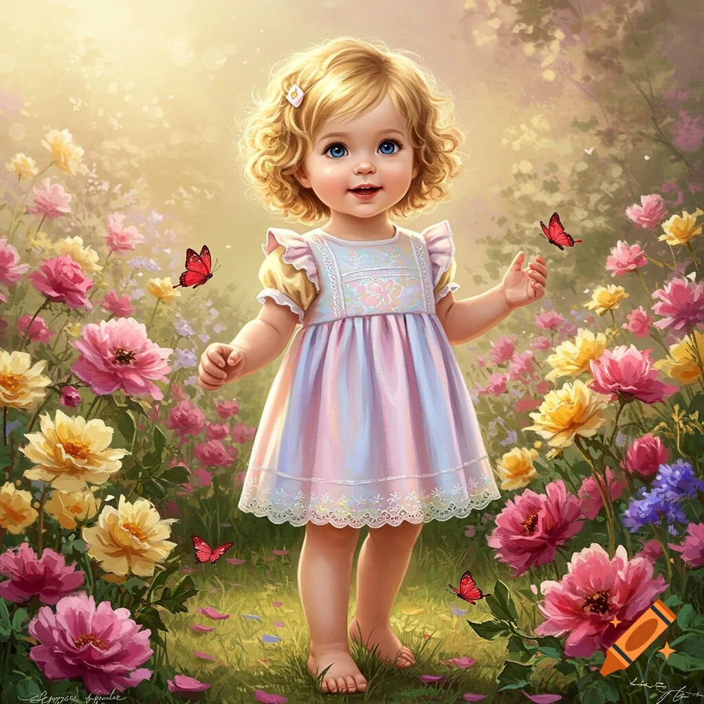 Blonde toddler girl in a pastel dress stands barefoot in a vibrant flower field with butterflies, in an illustrative style.