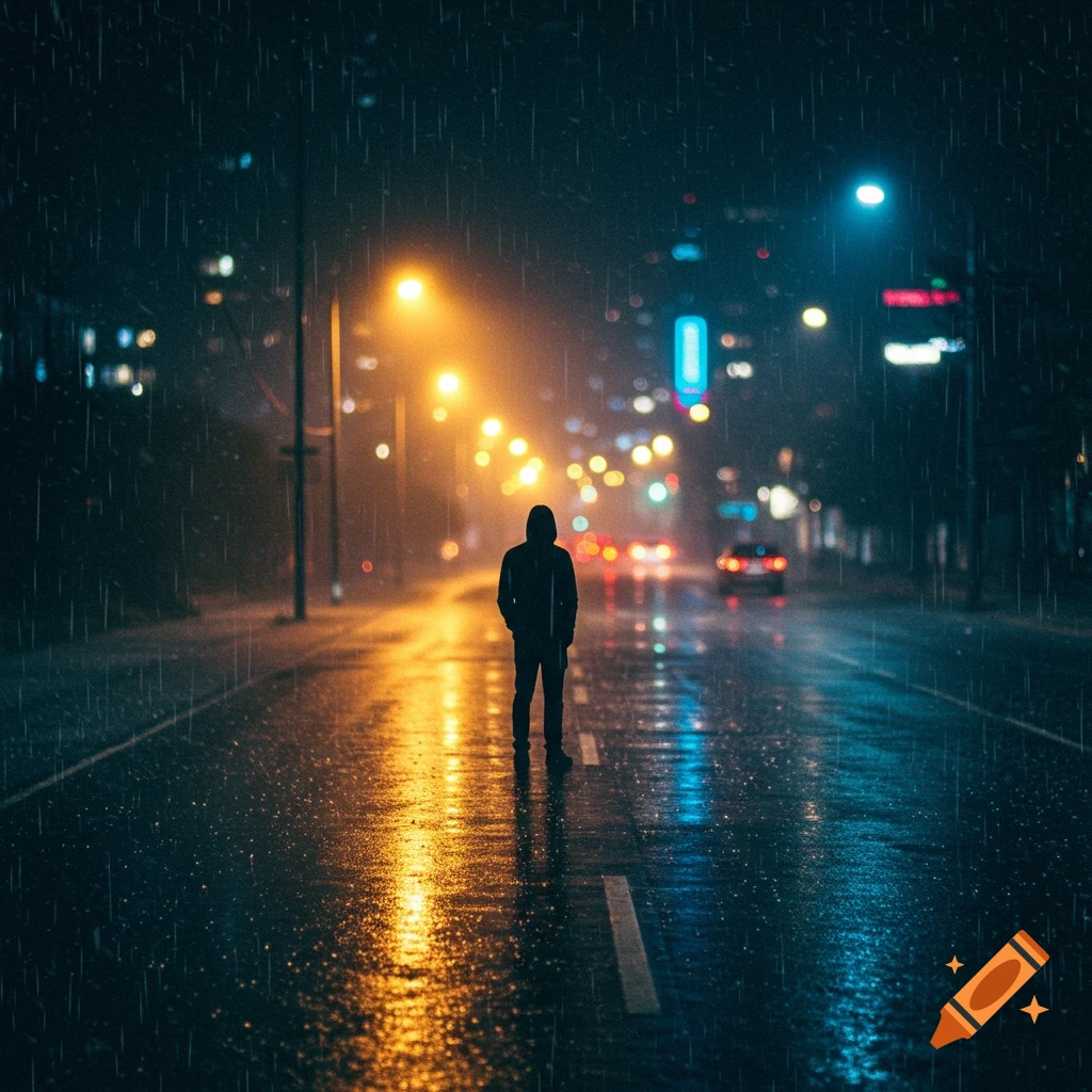 A hooded figure stands on a wet city street at night, reflecting bright streetlights and car lights in the falling rain.