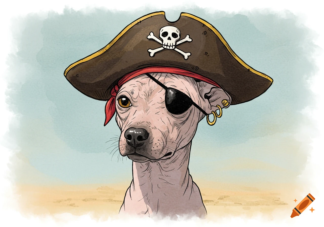 Minimalistic pen and color ink drawing of a hairless dog dressed as a pirate with an eyepatch, bandana, and skull and crossbones hat.