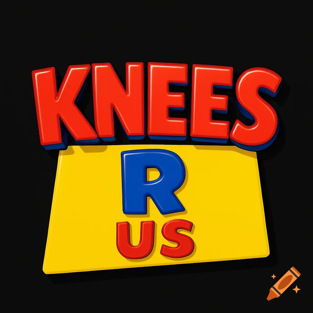A 3D logo in Toy Story style with red 'KNEES' and red 'US' around a blue 'R' on a yellow trapezoid, on a black background.
