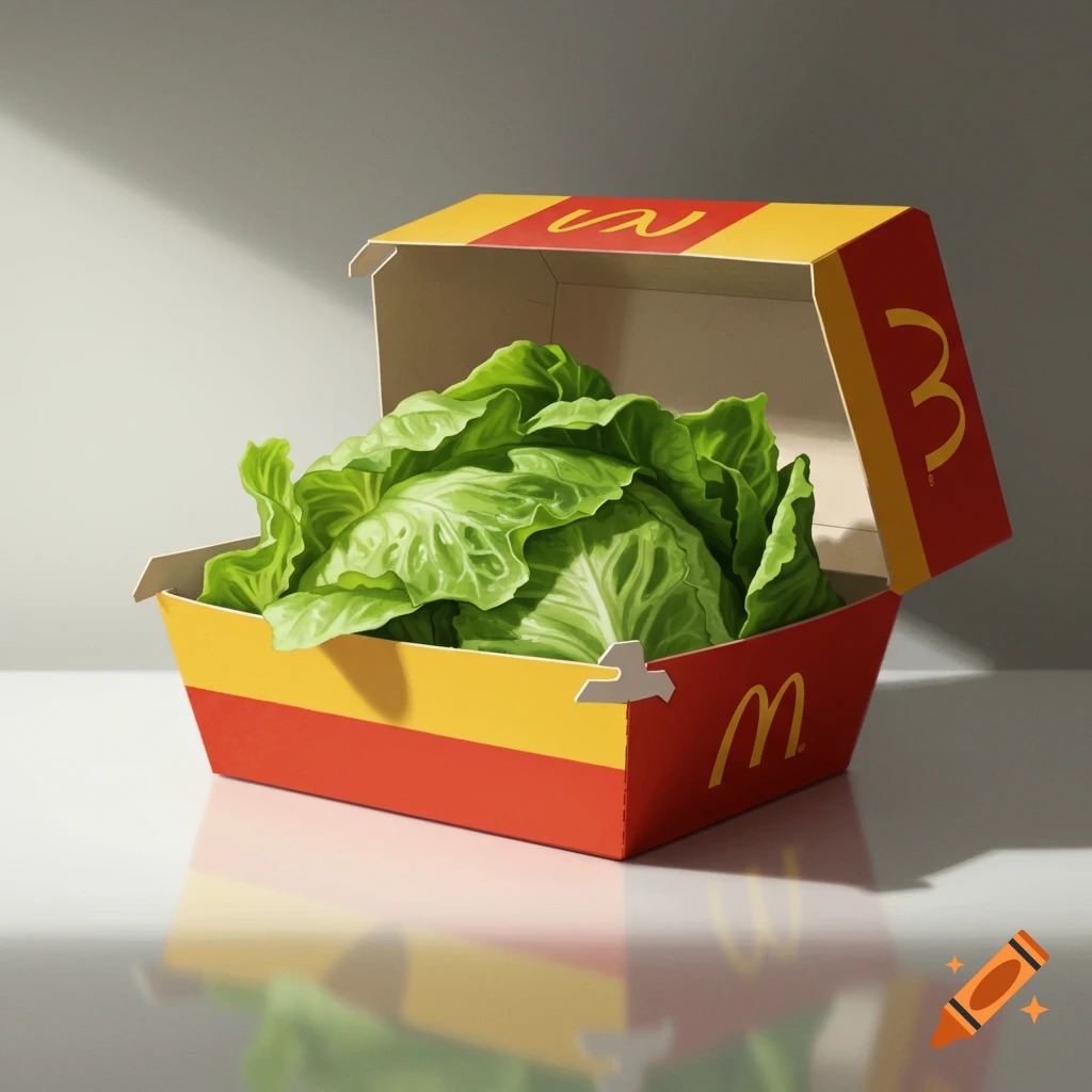 A close-up, photorealistic image of a McDonald's-style burger box filled entirely with fresh green lettuce, set against a simple grey background with soft lighting.