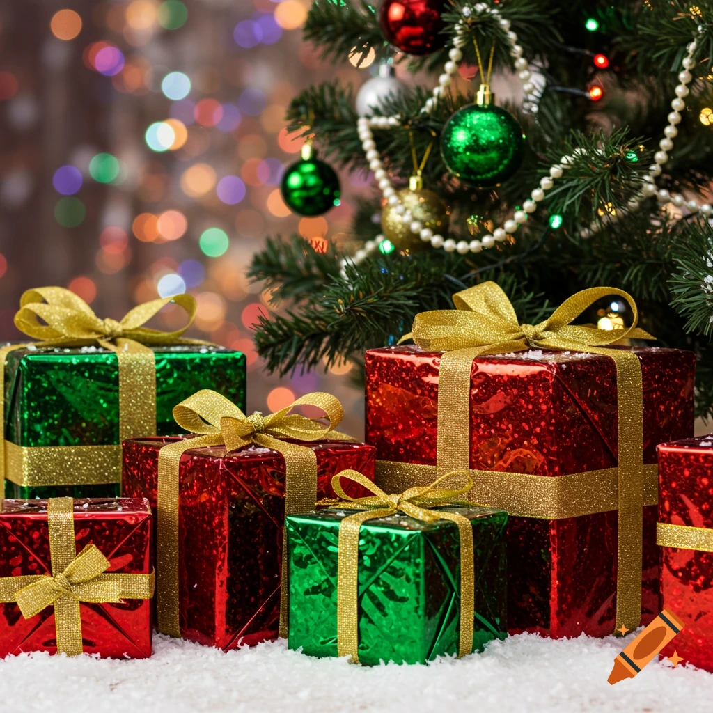 Sparkly red and green Christmas gifts on a snowy surface under a decorated tree with festive bokeh lights.