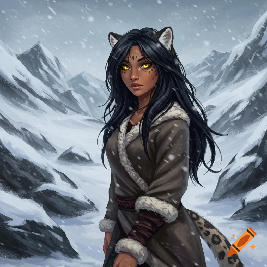 A female snow leopard demihuman with black hair and yellow eyes, wearing warm fur-trimmed clothing, stands in a snowy mountain landscape.