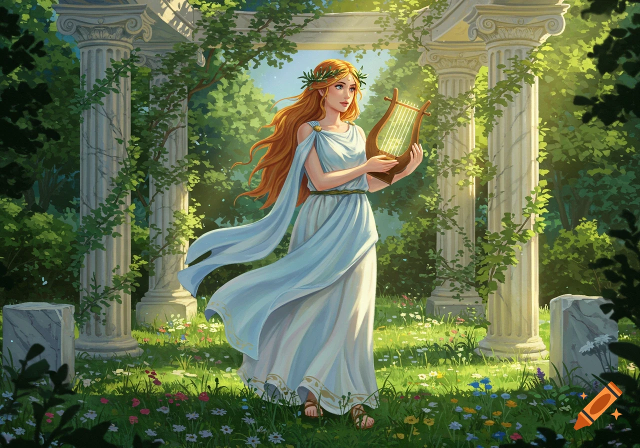 A woman in a white gown plays a lyre among ancient Greek ruins overgrown with vines in a Studio Ghibli style.