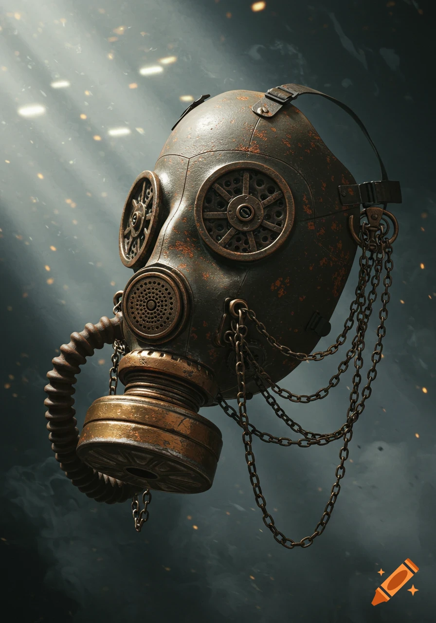 Rusty, metallic gas mask with chains, photorealistic digital painting against a smoky, dark background with light rays.