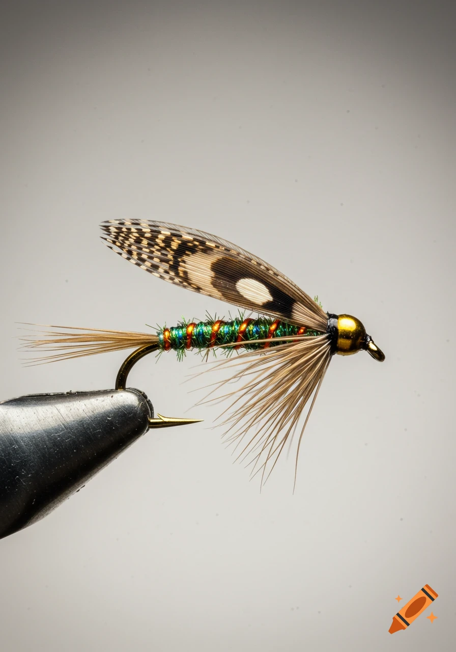 Close-up photo of a beadhead prince fly nymph with a golden bead head, green and orange body, and feathered wings, held in a vice.