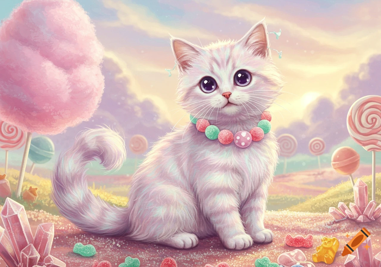 A fluffy white kitten with big purple eyes and a candy necklace sits in a pastel candy land with lollipops, cotton candy, and gummy treats.