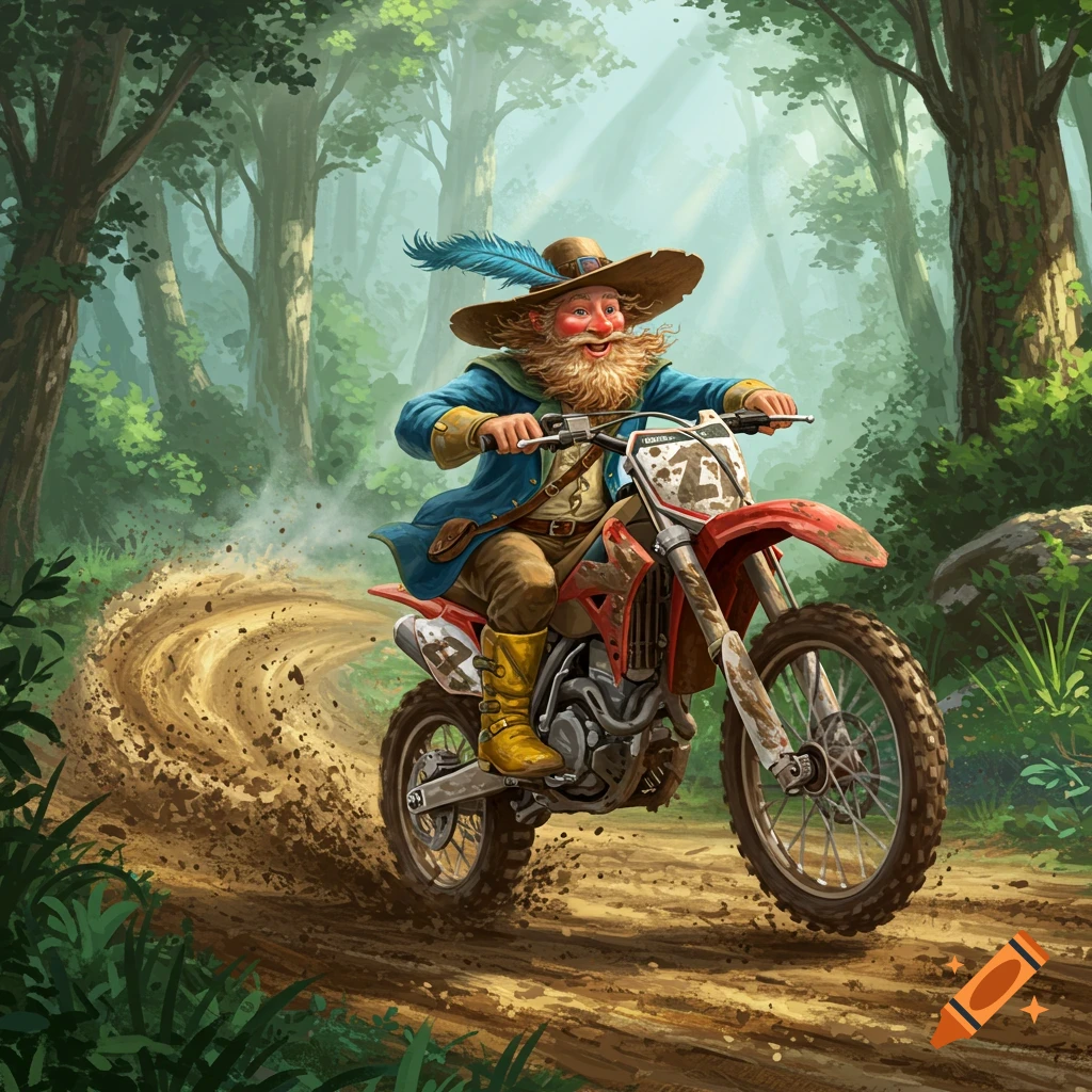 A stylized illustration of a joyful, bearded gnome-like character in a feathered hat and blue coat riding a red dirt bike through a forest, kicking up a trail of mud and dirt.
