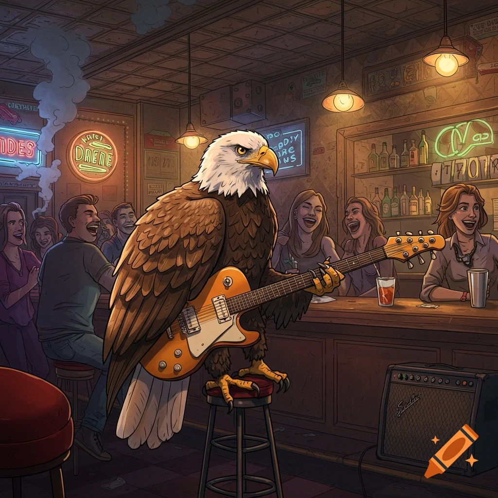 A cartoon eagle plays an electric guitar while standing on a stool in a crowded, dimly lit bar, entertaining laughing patrons.