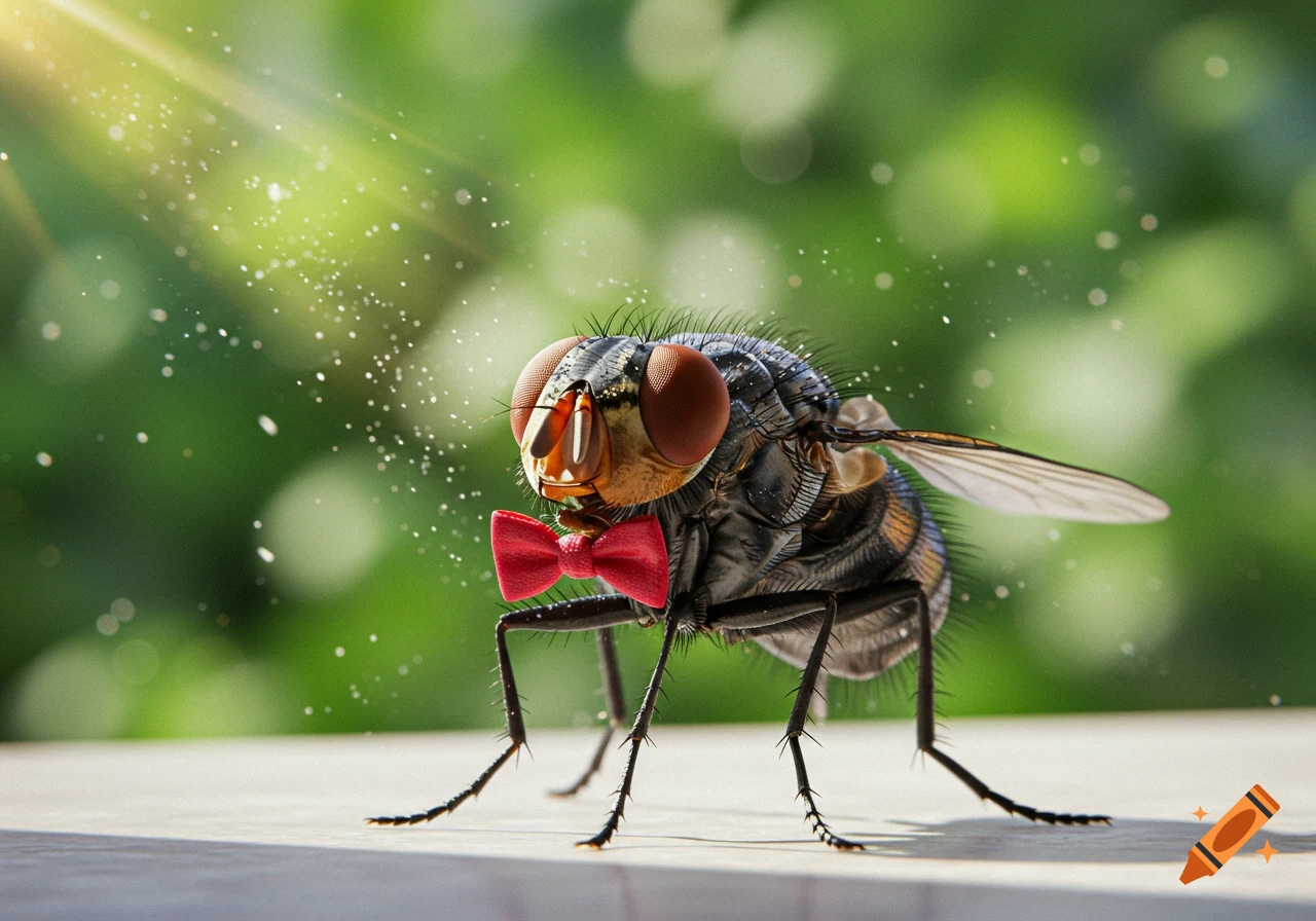A photorealistic close-up of a housefly wearing a red bowtie, standing on a surface with a blurry green background.