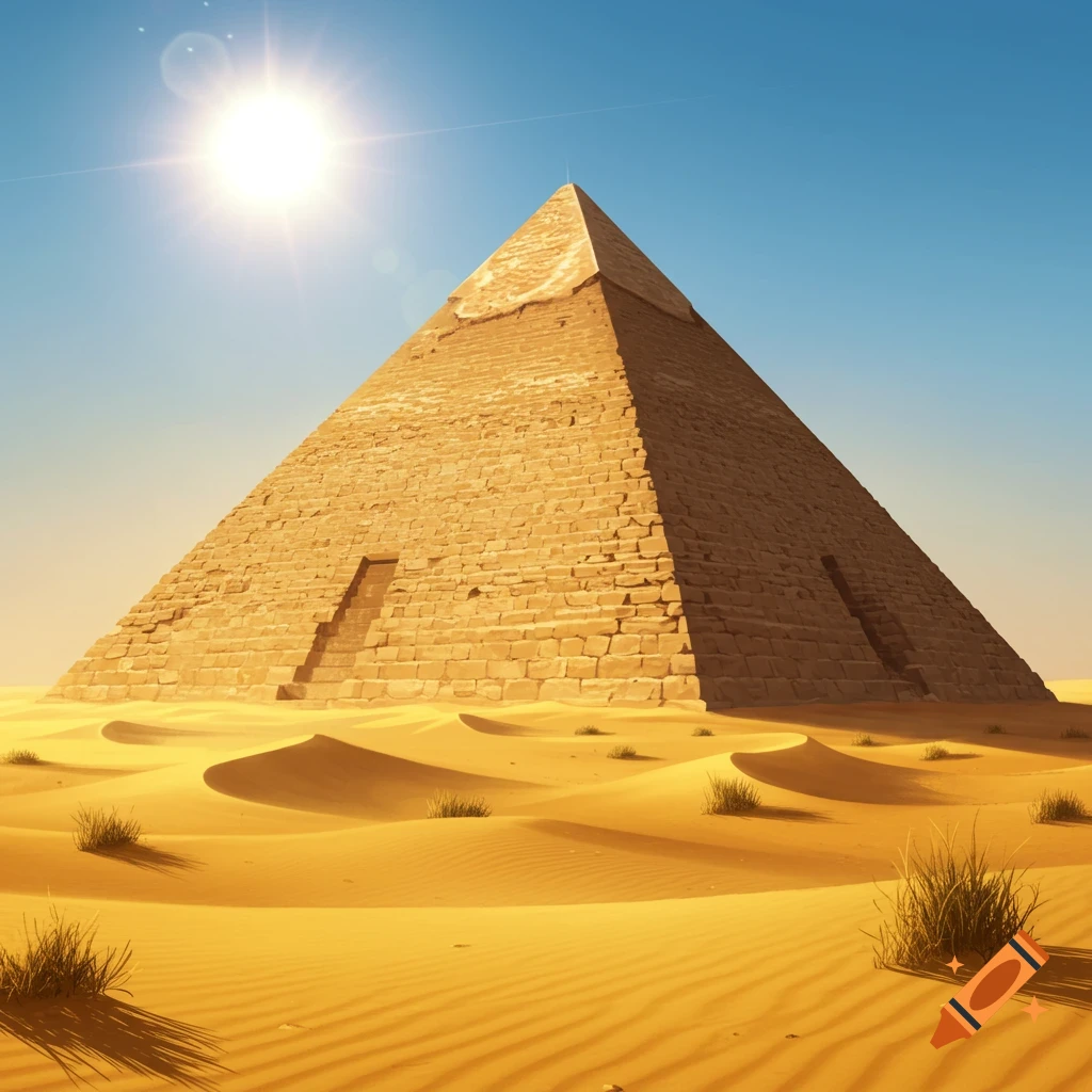 A photorealistic image of a large ancient Egyptian pyramid standing tall in a sunny desert landscape with rippling sand dunes and sparse vegetation.