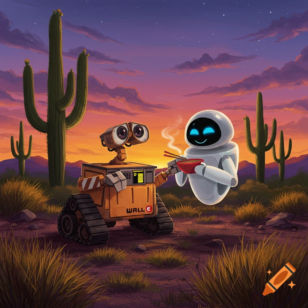 WALL-E and EVE robots share noodles in a desert with saguaro cacti at sunset, illustration.
