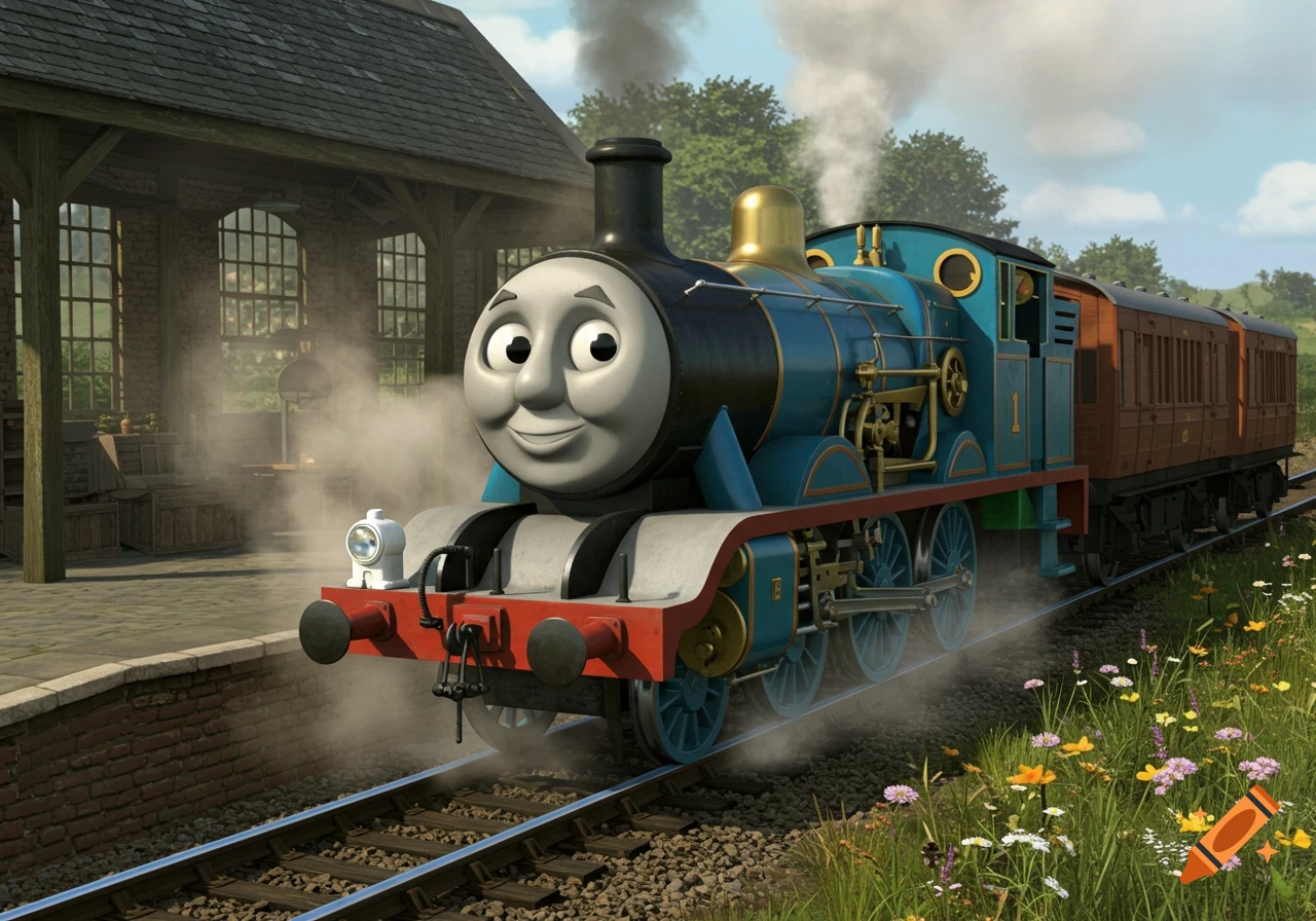 CGI rendering of Thomas the Tank Engine steaming along train tracks at a station, with green hills and flowers in the background.