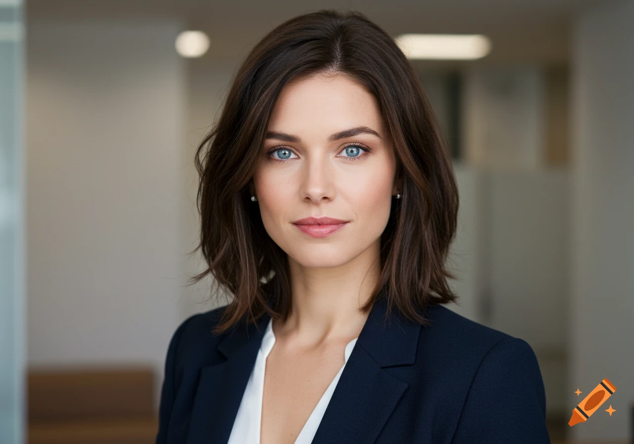 Photorealistic portrait of a professional woman with brown hair and blue eyes, wearing a dark blazer.