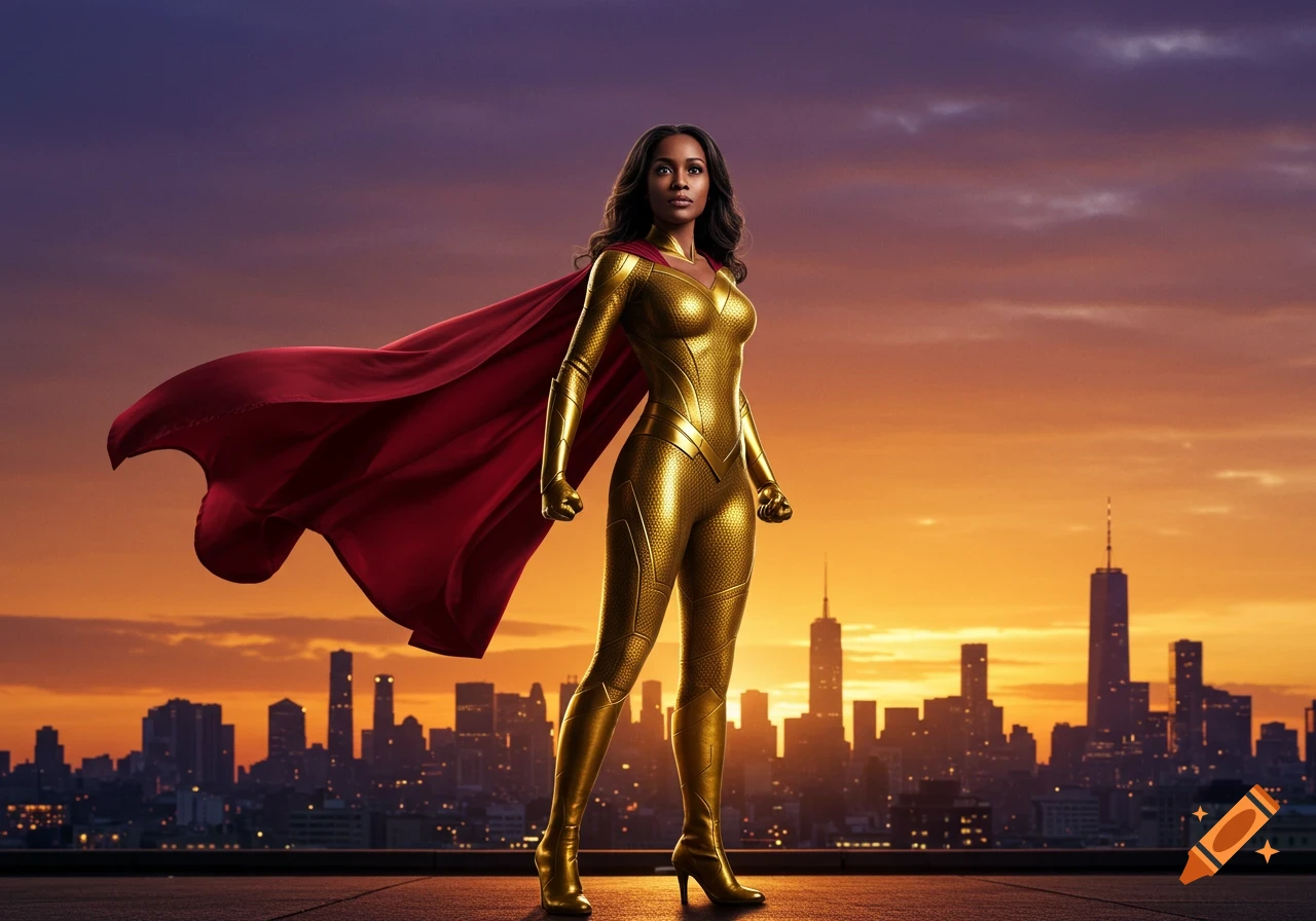 A photorealistic female superhero in a golden suit and red cape stands on a rooftop against a sunset city skyline.