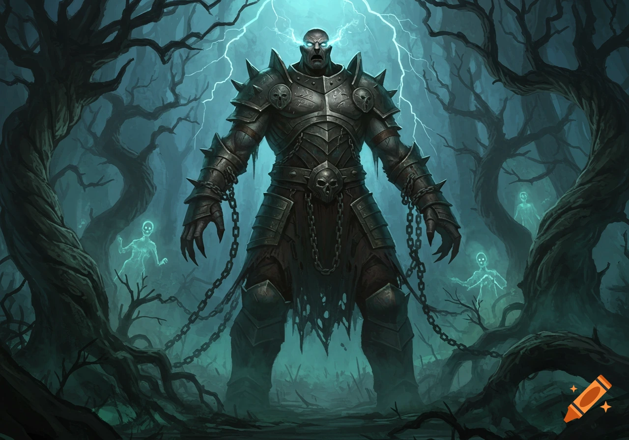 A heavily armored, monstrous Goliath with glowing eyes and chains, surrounded by lightning and ghosts in a twisted, dark forest.