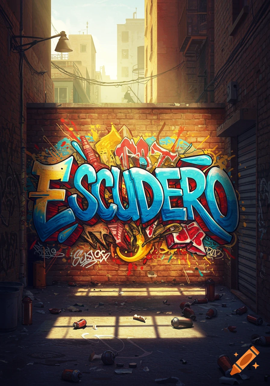 A vibrant graffiti mural spelling 'ESCUDERO' on a brick wall in a sunlit urban alley, with spray cans scattered on the ground.