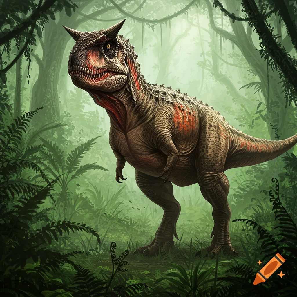 A powerful Carnotaurus dinosaur stands alert in a lush, green, misty jungle environment, with ferns and dense foliage.