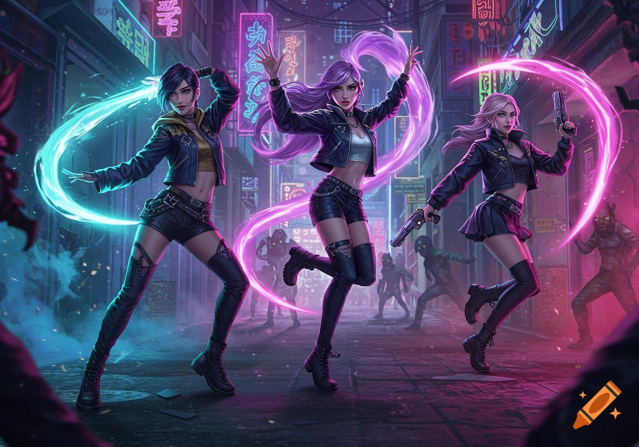 Three women in cyberpunk attire with glowing auras and guns fight shadowy figures on a neon-lit street.