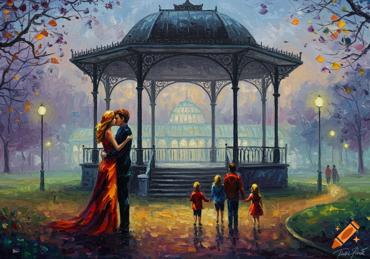 Impressionistic oil painting of a couple embracing by a bandstand in a park, with a family walking nearby and a winter garden in the background.