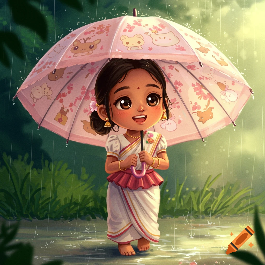 Smiling kawaii girl in a traditional white dress holding a pink, animal-patterned umbrella in the rain.