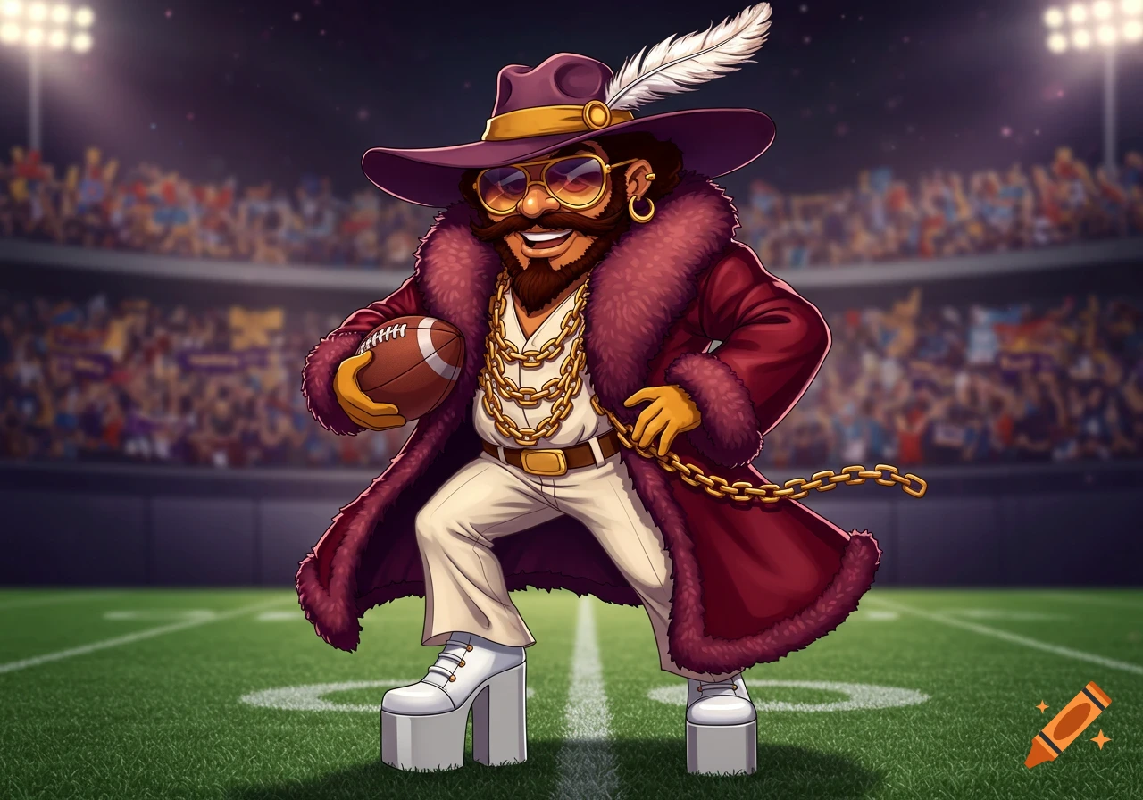 A flamboyant cartoon football mascot with a fur coat, wide-brimmed hat, gold chains, and platform shoes, holding a football on a stadium field.