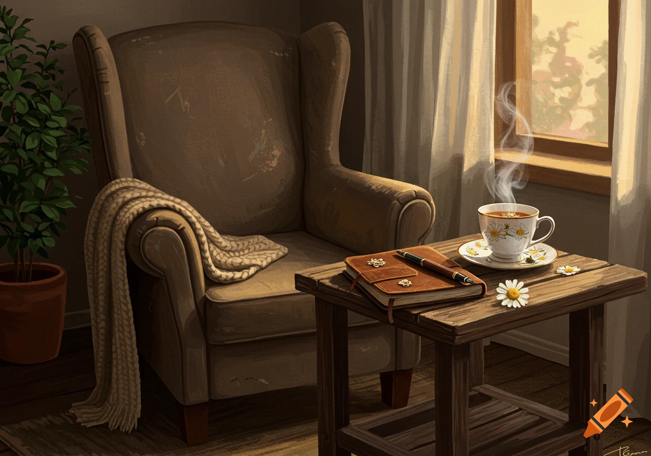 Cozy illustration of a brown armchair, a table with a steaming cup of tea, a journal, a pen, and daisies by a sunlit window.