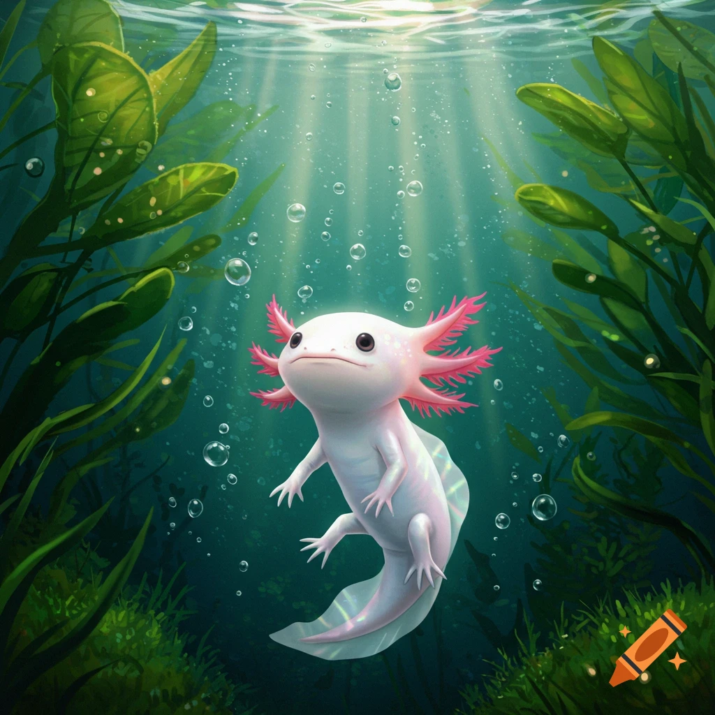 A cute, white axolotl with pink frilly gills swims in clear blue-green water amidst lush green aquatic plants, with light rays and bubbles.